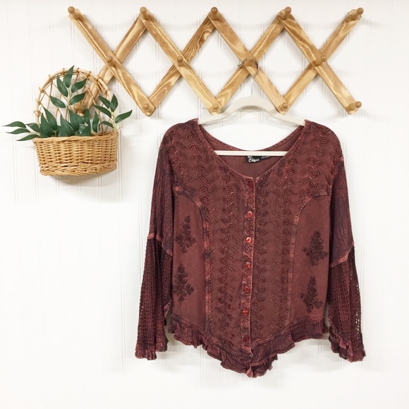 Vintage Tops - VTG | Boho Hippie Bell Sleeve Embroidered Top